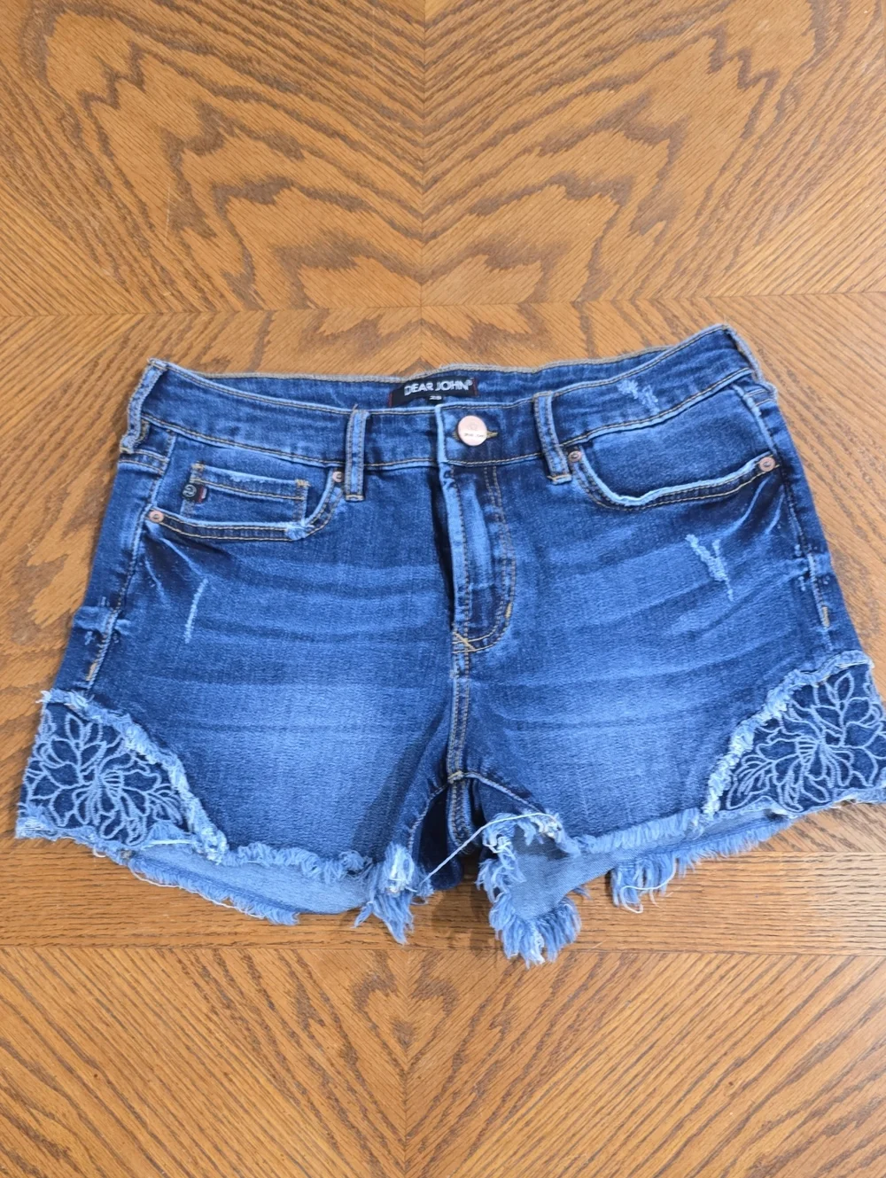 Dear John Dark Blue Denim Lace-Trim Cutoff Shorts